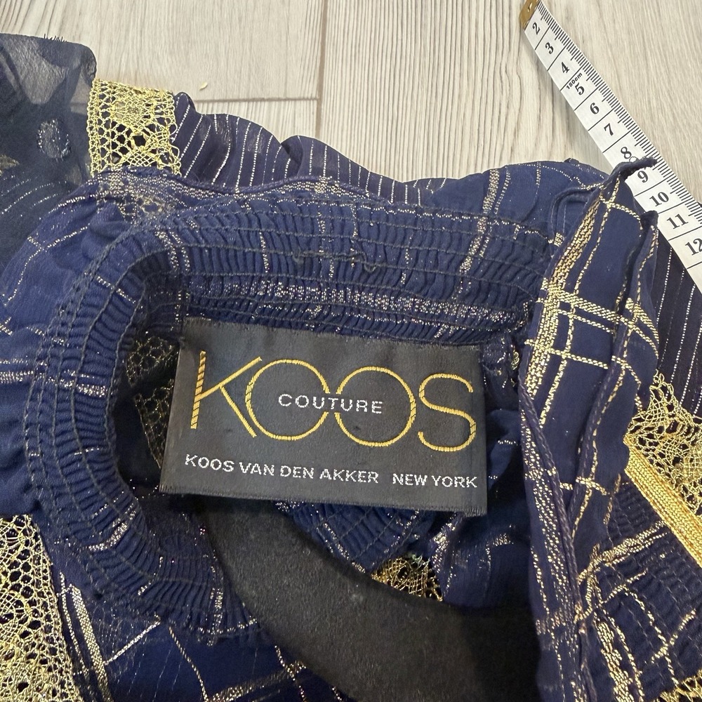 Koos Van Den Akker Couture 1980s Silk Blouse Shirt Sheer Pattern Navy Gold - Picture 8 of 14